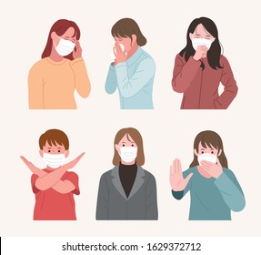 People characters wearing masks for public health. People are sending warning signs. hand drawn style vector design illustrations. 