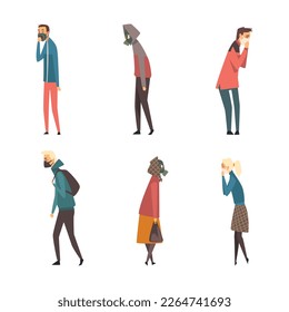 People Characters Wearing Protective Face Mask and Gas Helmet Against Fumes and Smog Vector Set