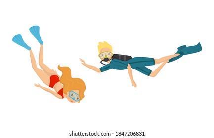 People Characters Wearing Swim Fins and Goggles Diving and Floating Underwater Vector Illustration Set