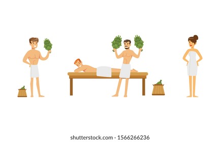 People Characters Wearing Towels Enjoying Sauna Procedures Vector Illustrations