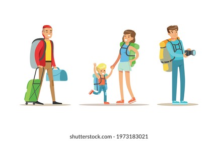 People Characters with Wheeled Suitcase and Backpack Travelling Vector Set