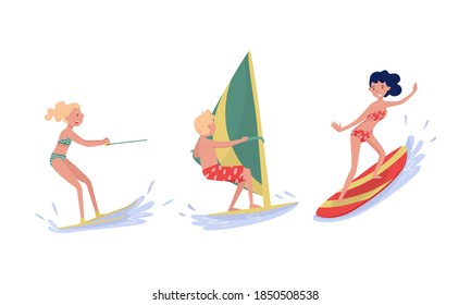 People Characters Windsurfing and Water Skiing Vector Illustration Set