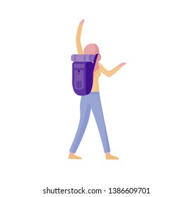 People characters woman for hiking and trekking, holiday travel vector, hiker and tourism illustration. Happy Tourists travelling with friends dancing and hugging