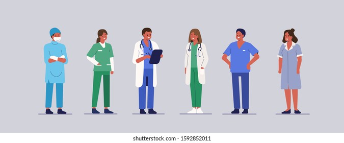 People characters work in Hospital. Nurse, Doctor Therapist, Surgeon and Other Medical Staff Standing Together. Male and Female Medical Characters Set. Flat Cartoon Vector Illustration. 