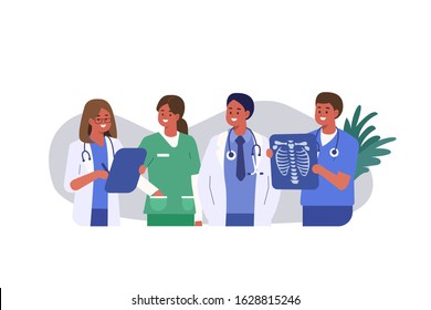 People characters work in Hospital. Nurse, Doctor Therapist, Surgeon and Other Medical Staff Standing Together. Male and Female Medical Characters Set. Flat Cartoon Vector Illustration.