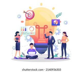 people characters work near a big light bulb to develop creative ideas and solutions for a business. Flat style vector illustration