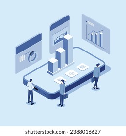 People Characters Working With Data Analysis on Smartphone, Business Statistic, Management, Consulting, Marketing. illustrator vector.