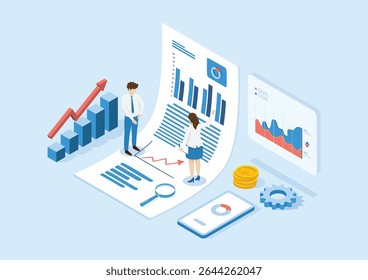 People Characters Working With Data Analysis, Business Statistic, Management, Consulting, Marketing. illustrator vector.