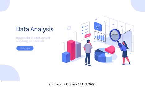 People Characters Working with Data Visualization. Man and Woman Analyzing Tables, Charts and Graphs at Business Dashboard. Digital Data Analysis Concept. Flat Isometric Vector Illustration. - Shutterstock ID 1615370995