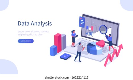 People Characters Working With Data Visualization At Laptop. Man And Woman Analyzing Tables,Charts And Graphs At Business Dashboard. Digital Data Analysis Concept. Flat Isometric Vector Illustration.