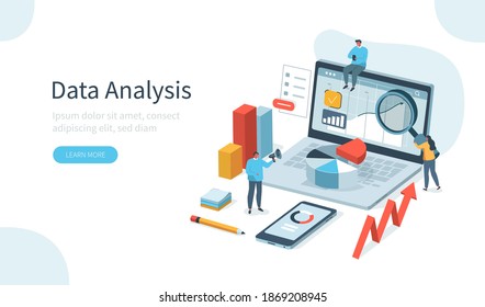 People Characters Working With Data Visualization On Laptop. Man And Woman Analyzing Tables, Charts And Graphs At Business Dashboard. Digital Data Analysis Concept. Flat Isometric Vector Illustration.