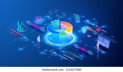 Caracteres de personas que trabajan con la visualización de datos. Supervisión de las inversiones. Análisis económico, estrategia financiera usando un gráfico infográfico. Estadísticas en línea y análisis de datos. Ilustración del vector