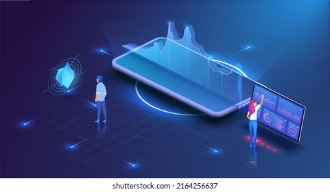 People Characters Working with Data Visualization. Investment monitoring. Economic analysis, financial strategy using an infographic chart. Vector illstration