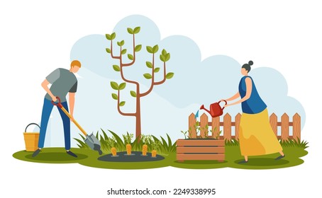 People characters working in garden. Man digging carrot with shovel, woman watering plants. Cartoon young couple growing harvest with vegetables together. Agriculture activities vector