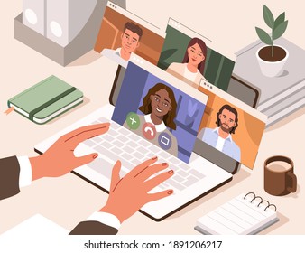 People Characters working Remotely at Home and using Laptop for Video Meeting with Colleagues and Friends. Online Discussion and Video Conference Concept. Flat Isometric Vector Illustration.