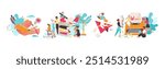 People Characters Working with Text Typewriting Vector Set