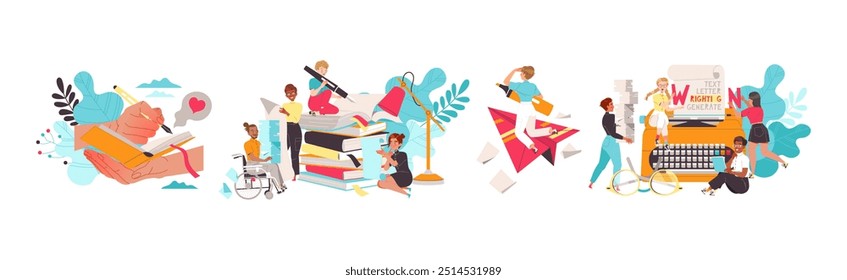 People Characters Working with Text Typewriting Vector Set