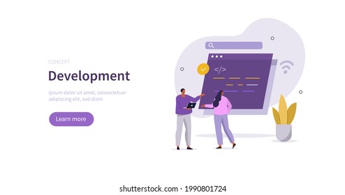 People characters working together and developing new software. Developers team programming, writing and correcting program code. Development process concept. Flat cartoon vector illustration.