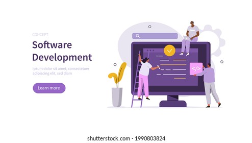 People characters working together and developing new software. Developers team programming and writing program code. Development process concept. Flat cartoon vector illustration.