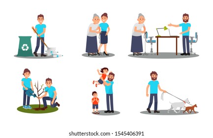 People Characters Working as Volunteers Vector Illustrations Set