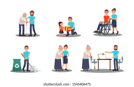 People Characters Working as Volunteers Vector Illustrations Set
