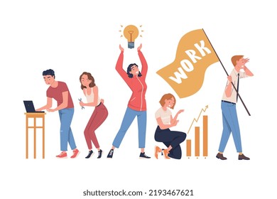 Personajes de la gente trabajando como mecanismo bien coordinado que participa en la ilustración de vectores de trabajo en equipo