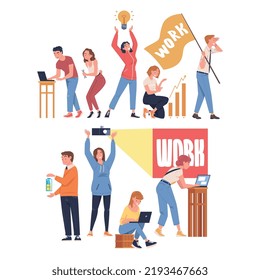 People Characters Working as Well Coordinated Mechanism Engaged in Teamwork Vector Set