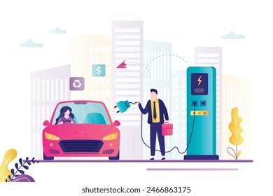 People charges electric car at charging station. Wind turbines and city buildings on background. Woman driver sitting in ecologically clean transport, environment protection. flat vector illustration