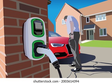 People Charging Electric Vehicle At Home. Eco Friendly Technology Concept For Future Of Urban Lifestyle