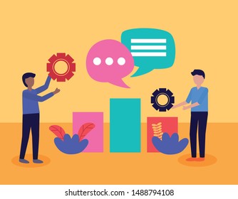people chart gear talk bubble teamwork vector illustration