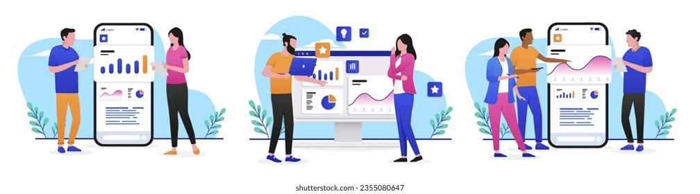 People with charts and data collection - Set of vector illustration of businesspeople looking at financial diagrams and statistics on computer. and device screen. Flat design with white background