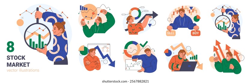 People with charts and data information on stock market. Vector in flat style, isolated characters with diagrams and planning strategy for business, trading and marketing workshop, money revenue