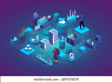 People With Charts And Graphs Interact With Each Other And Analyze Statistics. Software, Web Development, Programming. Technology Process Of Software Development Concept. Vector Isometric Illustration