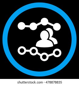 People Charts vector bicolor rounded icon. Image style is a flat icon symbol inside a circle, blue and white colors, black background.