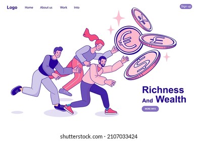 People chasing for big money. Cash race. Competitors striving for richness and wealth. Successful business people. financing, gold coins, teamwork, startup, money growth. Vector outline illustration.