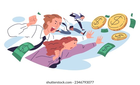 People chasing money. Employees catching fly big coins, entrepreneur rush trying grab to profit cash and wealth, financial obsession or inflation concept classy vector illustration