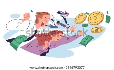People chasing money. Employees catching fly big coins, entrepreneur rush trying grab to profit cash and wealth, financial obsession or inflation concept classy vector illustration