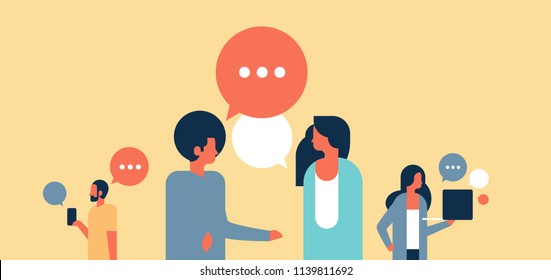 people chat bubbles communication speech dialogue man woman character background portrait horizontal flat vector illustration