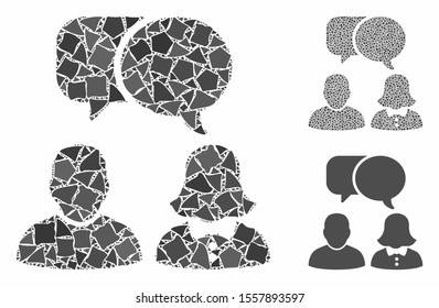 People chat composition of raggy items in variable sizes and color hues, based on people chat icon. Vector rugged items are organized into composition. People chat icons collage with dotted pattern.