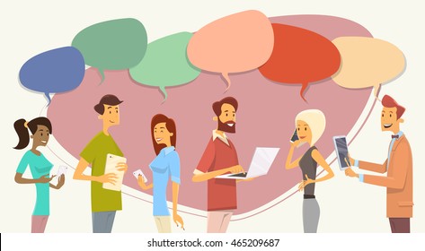 People Chat Digital Device Tablet Phone Laptop Social Network Communication Flat Vector Illustration