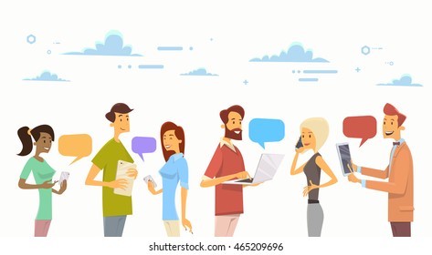 People Chat Digital Device Tablet Phone Laptop Social Network Communication Flat Vector Illustration