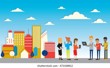 People Chat Digital Device Tablet Phone Laptop Smart watch Social Network Communication Flat Vector Illustration