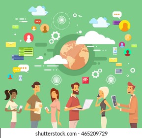 People Chat Digital Device World Map Social Network Communication Flat Vector Illustration