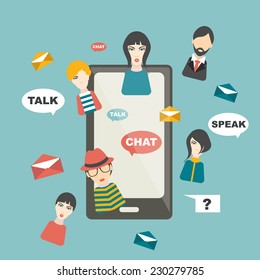 People chat global communication. Social media illustration. Flat mobile concept. Vector. 