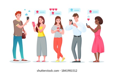 People in chat internet communication vector illustration set. Cartoon flat young man woman characters chatting in social media messenger phone app with friends, communicating online isolated on white