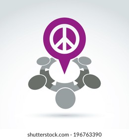 People chat on harmony idea.  Conceptual  antiwar sign from 60th, hippy icon.  Speech bubble with a global peace symbol.