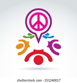 People chat on harmony idea.  Conceptual  antiwar sign from 60th, hippy icon.  Speech bubble with a global peace symbol.