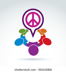 People chat on harmony idea.  Conceptual  peace sign from 60s, hippy icon.  Speech bubble with global peace symbol.