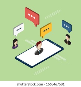 People in chat on mobile phone or smartphone on message app, dialogue with speech bubbles. Cellphone online messaging concept, social media. Icon set in isometric vector on green background.