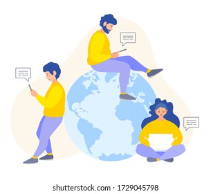 People chat online concept. Communication from anywhere in the world. Vector illustration in a flat style. Work, study and communicate over the Internet. Template for social networks.